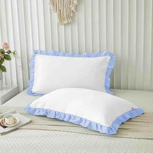 Microfiber Ruffle Pillow Shams Standard Size Set of 2, 20X26 - Solid Ruffled Fringe Design Pillow Cases Soft &amp; Breathable - Unique Collection Decorative Pillow Covers 20X26 - Sky Blue