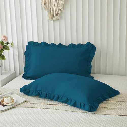 Microfiber Ruffle Pillow Shams Standard Size Set of 2, 20X26 - Solid Ruffled Fringe Design Pillow Cases Soft &amp; Breathable - Unique Collection Decorative Pillow Covers 20X26 - Sky Blue