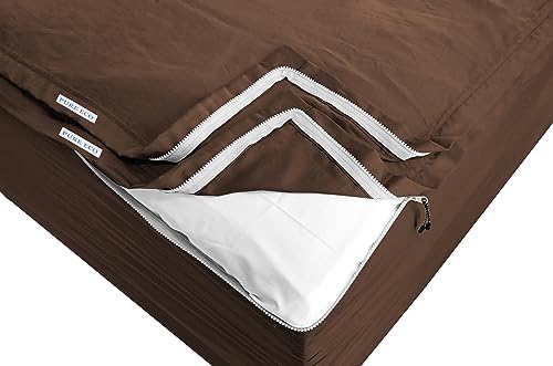 Pure Eco Easy Zipper Fitted Sheet - Includes 1 Fitted Sheet Base &amp; 2 Zip-On Sheets - 15” Inch. Deep Pockets Zipper Sheets Twin Size - 600 TC Soft Cotton Fitted Sheet - Baige