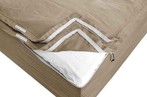 Pure Eco Easy Zipper Fitted Sheet - Includes 1 Fitted Sheet Base &amp; 2 Zip-On Sheets - 15” Inch. Deep Pockets Zipper Sheets Twin Size - 600 TC Soft Cotton Fitted Sheet - Baige