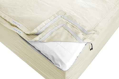 Pure Eco Easy Zipper Fitted Sheet - Includes 1 Fitted Sheet Base &amp; 2 Zip-On Sheets - 15” Inch. Deep Pockets Zipper Sheets Twin Size - 600 TC Soft Cotton Fitted Sheet - Baige