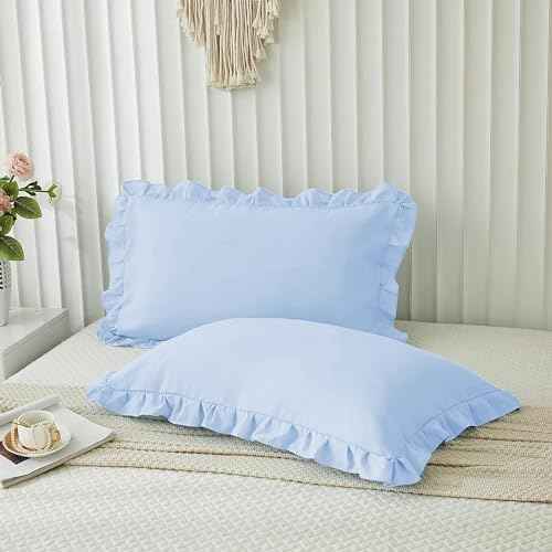 Microfiber Ruffle Pillow Shams Standard Size Set of 2, 20X26 - Solid Ruffled Fringe Design Pillow Cases Soft &amp; Breathable - Unique Collection Decorative Pillow Covers 20X26 - Sky Blue